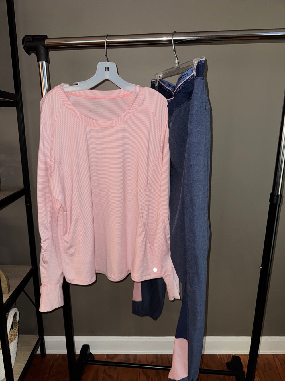 Cherokee Infinity pink underscrub and blue and pink jogger scrub pants